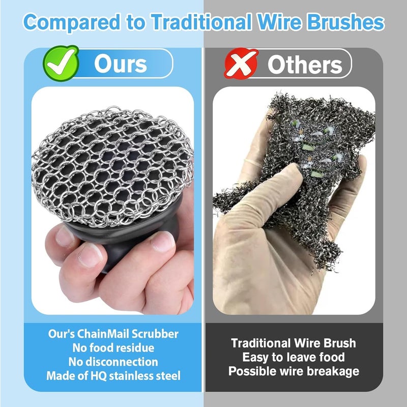 Onewly Cast Iron Scrubber (2 × Black Coarse Mesh) and and Scraper, Chain Mail Scrubber for Cleaning Stock Pots, Pans, Griddles, Grills, Cast Iron Skillets, Dish Scouring Pads - Image 3